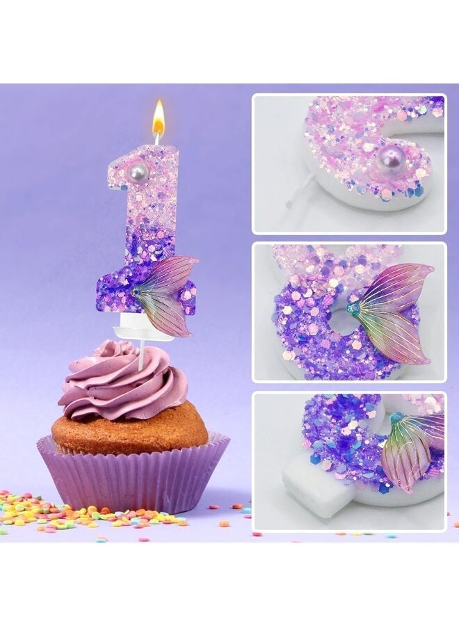 LAMAY Mermaid Birthday Candles, Pink Purple Number Candles Mermaid Tail 1st Birthday Decorations First Cake Toppers for Party Supplies Anniversary Wedding(1) - Image 2